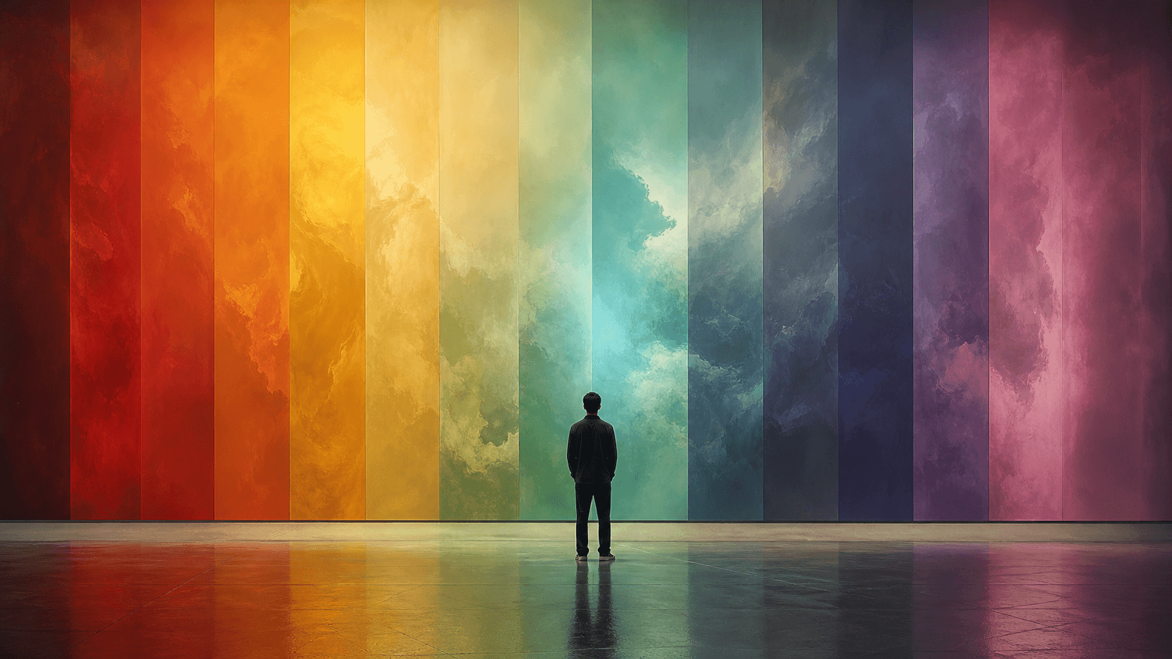 A person facing an unnamed boundary between colors and categories