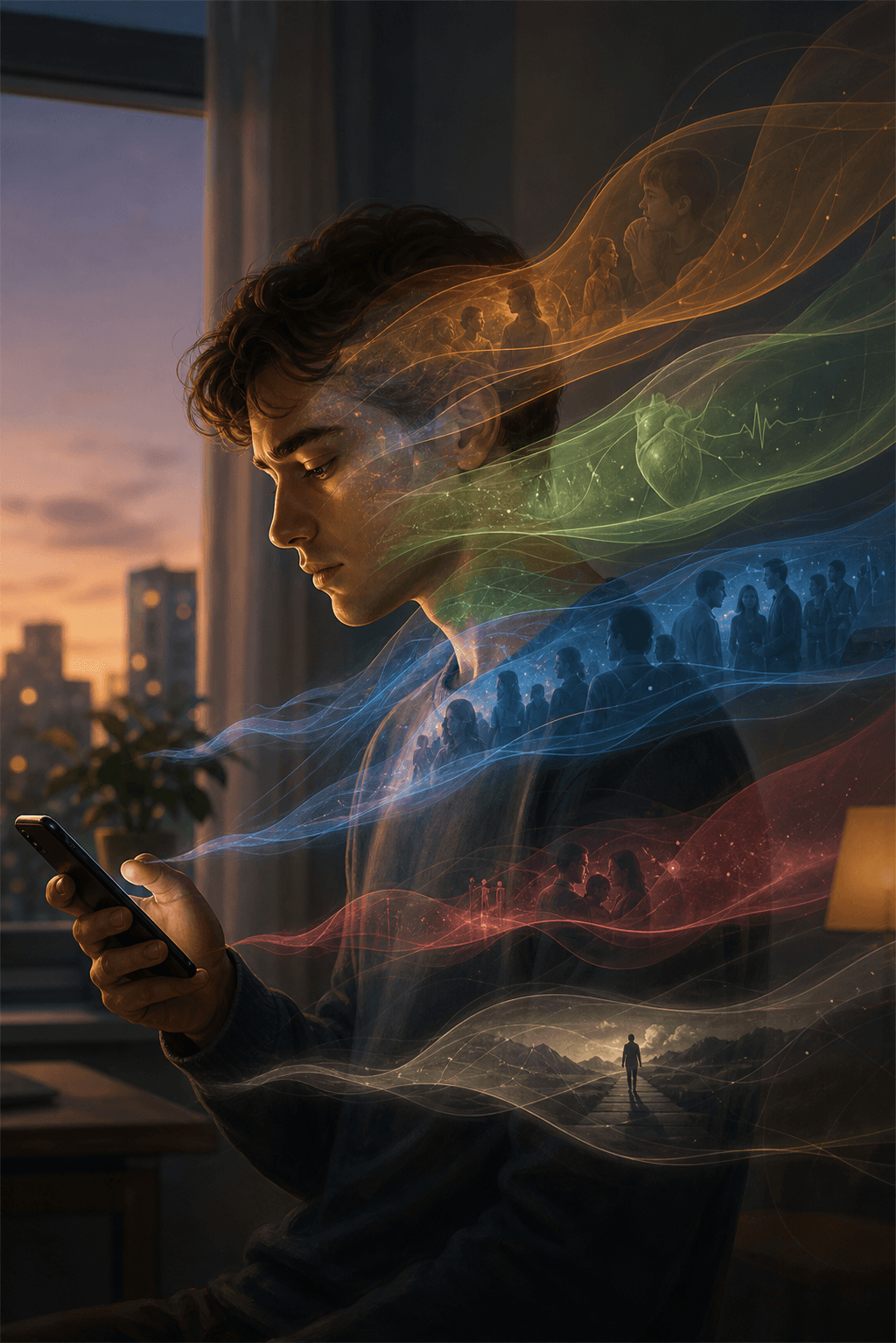 Hidden states of attention flowing around a person holding a phone
