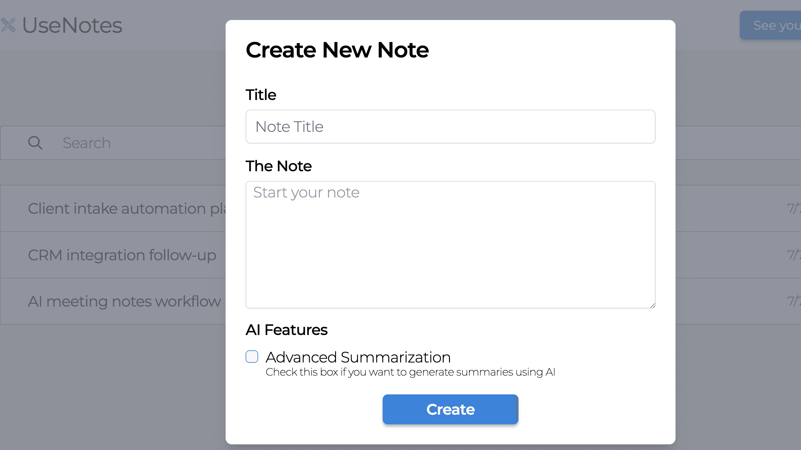 UseNotes create note modal
